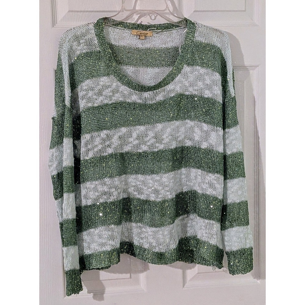 Cecico Striped Sequin Lightweight Knit Sweater Top Green White Size L‎ NWT